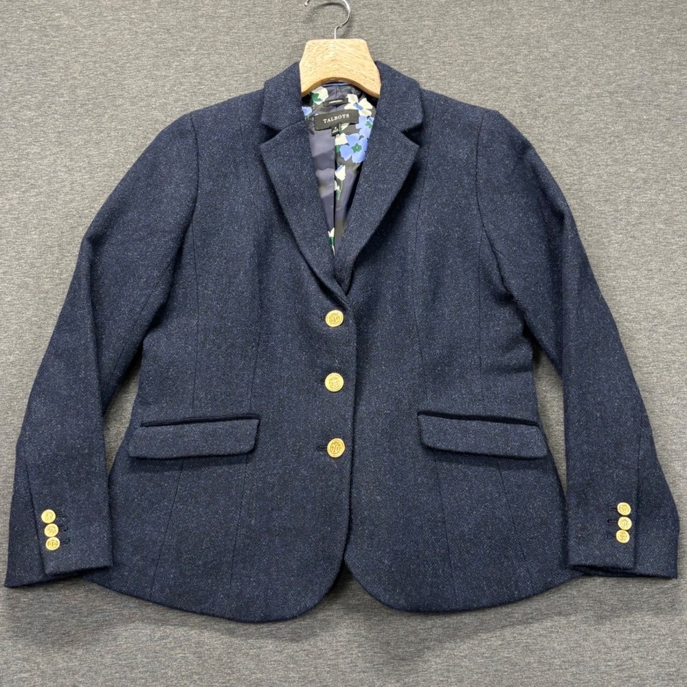 Talbots Jacket Womens 8 Navy Wool Blend Floral Lined Gold Button Blazer Aberdeen